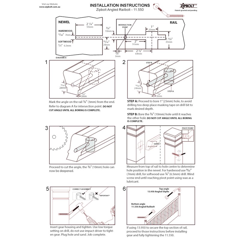 Zipbolt 11.550 Angled Railbolt Bulk Pack — Angled Staircase Handrail