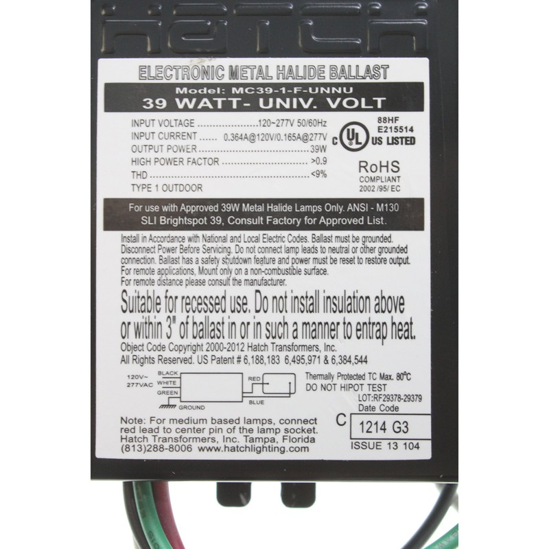 Hatch MC39-1-F-UNNU Electronic Metal Halide Ballast, 39-Watt MH, 120/277V