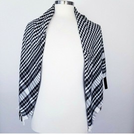 Amtal Womens Scarf Wrap Black White Plaid Check fringe Light Weight Square NEW