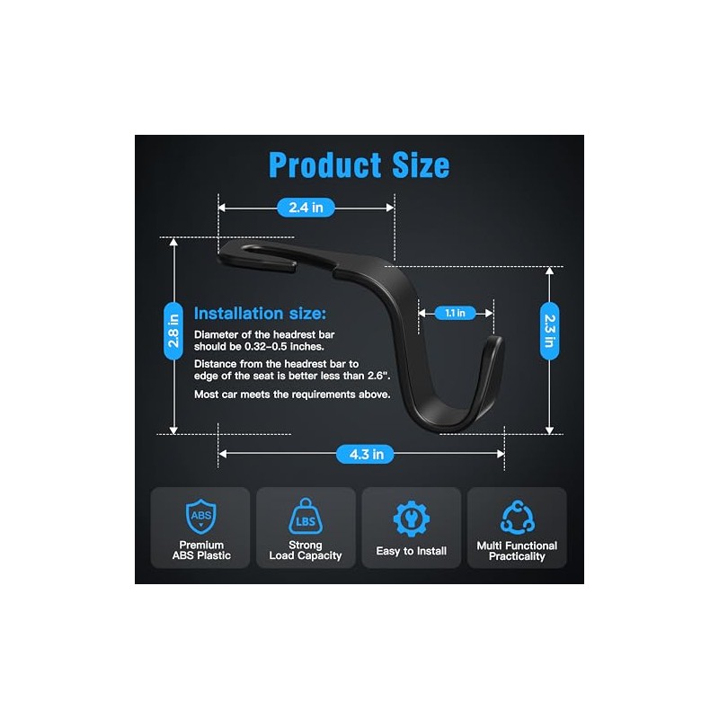 Amooca 4-Pack Car Headrest Hooks for Bags and Coats