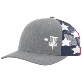 Trenz Shirt Company Disk Golf Basket Goal Golfer Mens Embroidered Mesh Back Trucker Hat, Heather Grey/American Flag