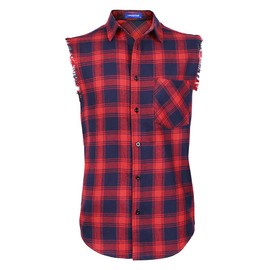LOGEEYAR Men Plaid Sleeveless Shirt Leisure Button Down Vest Shirt Red
