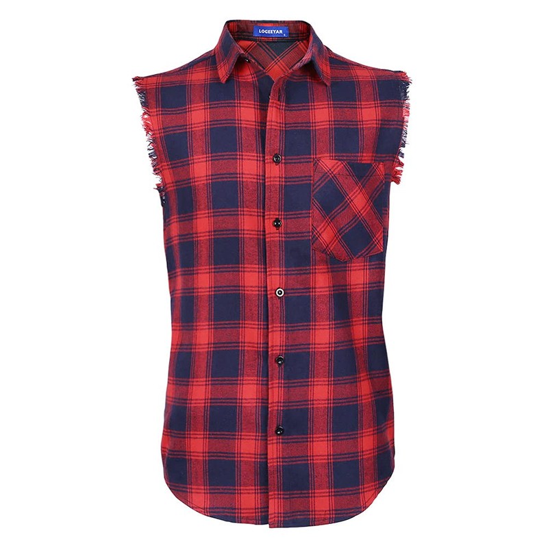 LOGEEYAR Men Plaid Sleeveless Shirt Leisure Button Down Vest Shirt