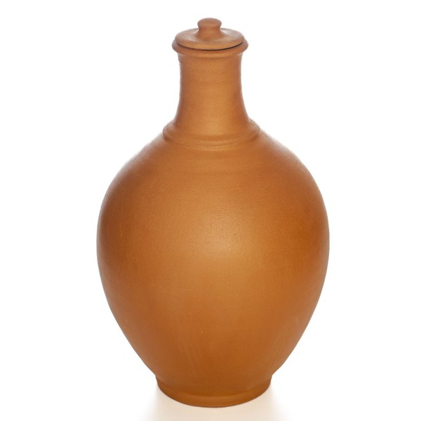 Hakan Handmade Traditional Unglazed Clay Pitcher with Lid, Natural Home Decor Vintage Terracotta Drinking Bottle, Earthenware Beverage Jar from Cappadocia, Pottery Mud Water Jug (Small)