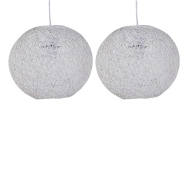 firstchoicelighting Set of 2 Natural Abaca Globe Ceiling Light Shades, White Rattan Wicker Pendant Shades, Diameter 25cm
