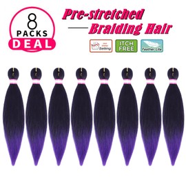 Dorsanee Ombre Purple Braiding Hair Pre Stretched 20 Inch 8 Packs Braiding Hair Extensions for Crochet Box Braids Twists Locs Hair Itch Free Soft Yaki Texture Hot Water Setting (20inch,#1B/Purple)