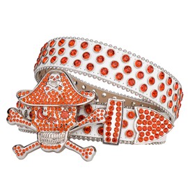 TINIDI Men Women Rhinestone Belt Western Cowboy Cowgirl Bling Pirate Skull Crystal Diamond Studded Leather Belt(WhiteOrange,Fit Waist 33-39inch)