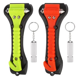 Fentar Pack of 2 Emergency Hammer Car with Belt Cutter, 2 in 1 Emergency Hammer Car, Orange and Green Seat Belt Cutter Emergency Hammer with 2 Pieces Whistle