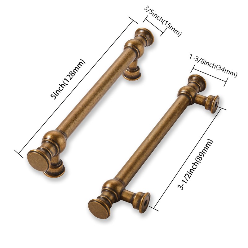 khtumeware 2 Pack 3-1/2inch(89mm) Hole Center Antique Brass Cabinet Pulls