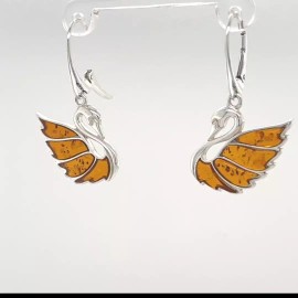 Amber America Cognac / Brow BALTIC AMBER Swan Earrings 925 STERLING SILVER - Leverback #5789e