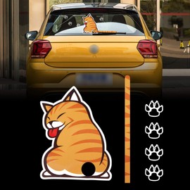 TOMALL 9.8'' Reflective Moving Tail Cat Sticker for Car Rear Windshield Window Vinyl Cartoon Funny Kitty with 4 Paw Graphics Decals Decoration for Car Wiper Truck SUV (Cat)
