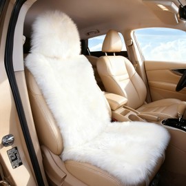 OGLAND Fluffy Sheepskin Car Seat Cover, Plush Genuine Fur Long Wool Car Seat Cushion for Auto Universal Size Adult Man Women, 1 Piece Seat Ivory White
