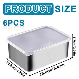 Pack of 6 Cold Food Boxes for Fridge, 13.8 x 5.7 x 10.8 cm, Freezer Containers, Stainless Steel Container with Lid, Food Storage Containers with Lid, Stackable Box, Meal Prep Boxes for Cheese, Meat