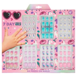 Expressions 7 Day Manicure Collection - 84PC Press On Nail Set, Day-Of-The-Week Adhesive False Nails for Girls (BE KIND Collection) – Colorful Novelty Designs Stick On Nails For Kids