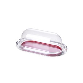 Omada Acrylic Covered Butter Dish: Large Clear and Red Butter Keeper and Cream Cheese Container – Dishwasher Safe European Butter Dish with Lid – 3” Wide Butter Holder for Counter