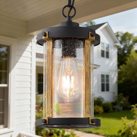 LOUSACE Outdoor Pendant Light for Porch, Black Farmhouse Wood Grain Finish Outdoor Chandelier with Clear Seeded Glass, Ceiling Hanging Exterior Pendant Porch Light Fixtures for Indoor Outside Entrance