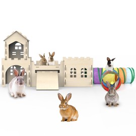 Large Bunny House and Hideouts, Wooden Dual-Layer Rabbit Castle with Stair, Rubber Band-Free Setup - Chew-Proof, Sturdy Habitat for Guinea Pig Chinchilla Ferret (Rabbit House with Tunnels & Tubes)