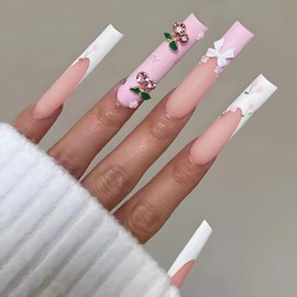 Handmade Press on Nails Extra Long Square Fake Nails with 3D Cherry Bow Flower French Tip Designs 24 Pcs Natural Reusable Acrylic Nail Full Cover Stick on Nail for Women Wedding Party WYFHDT