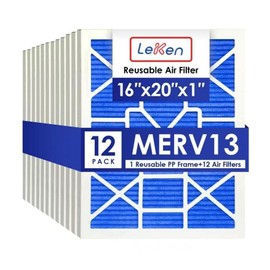 LEKEN 16x20x1 AC Furnace HVAC Filter Reusable Electrostatic Filters MERV 13 For Households With Pets, 12 Pack(Contain 1 reusable ABS frame+12 filter cartridges), (Precise Size 15.68" x 19.68" x 0.75")