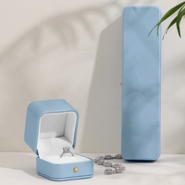 Woodten Elegant Sky Blue Ring Box Leather Engagement Ring Box Jewelry Gift Box for Wedding Proposal Velvet Interior Ring Case