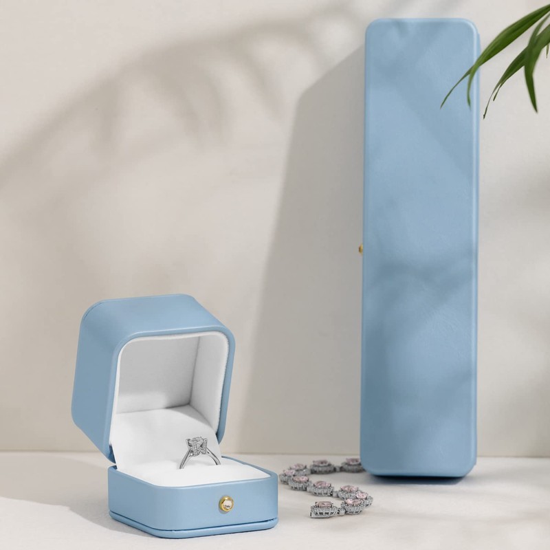 Woodten Elegant Sky Blue Ring Box Leather Engagement Ring Box