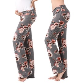 Alina Mae Maternity Women Pajama Pant Stretchy Comfy Wide Soft Palazzo Elastic Pregnancy Lounge Casual PJs (Grey Floral, 4-6)