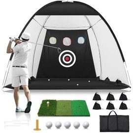 Golf Net, Heavy Duty Golf Practice Nets with Mat, Target Cloth, 8 Tees, 6 Balls, Carry Bag for Backyard Driving Chipping Indoor Outdoor Training