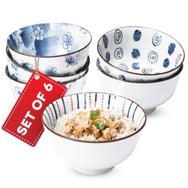 Kirosaku Japanese Rice Bowls Set of 6 - Porcelain Cereal Bowl in Vintage Blue White Design - Stackable Ceramic Dinner Set for Rice, Salad & Soup - Microwaveable & Oven Safe - 4.7"x2.6" per Bowl