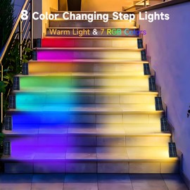 GEEKHOM Solar Step Lights for Outside, 8 Pack Solar Lights Outdoor Waterproof, Warm White & 7 RGB Colors Solar Deck Lights for Stairs Fence Backyard Patio Front Porch Decor