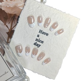 Short/Medium Oval Nails Handmade French Tip Press on Nails with Designs, Cat Eye/Aurora Women Reusable False Nails (Pearls White French, Small)