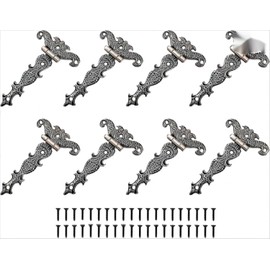 8Pcs Zinc Alloy Cabinet Hinges Decorative Retro Carved Hinges for Doors Cupboard Jewelry Case Box (T-Strap Style)