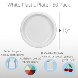 Exquisite 10 Inch. White Plastic Plates - 50 Count - Round Solid Color Disposable Plates - White Dinner Party Plates For All Occasions - White Plastic Party Plates For Parties
