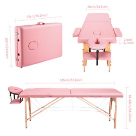 BODIOO Massage Table Portable 84in Massage Bed Lash Bed 2 Fold SPA Table 24inch Wide Adjustable Salon Bed with Carry Bag for Spa Facial CareSpa Tattoo, Light Pink