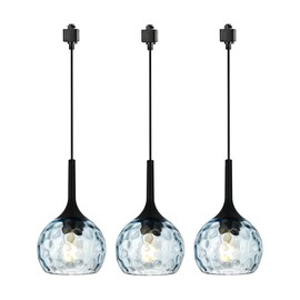 VINLUZ 3 Pack Pendant Light with Blue Round Ribbed Glass Shade, H-Type Track Lighting Fixture Farmhouse Chandelier for Dining Room in Black Finish