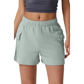 QINSEN - Pantalones cortos casuales de algodón 100% con cordón elástico en la cintura y bolsillos laterales para mujer, Verde Escarchado, Small