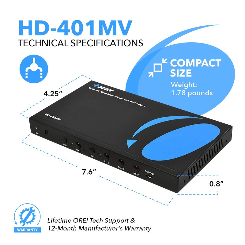 OREI HDMI Switcher 4 in 1 Out with Quad Screen