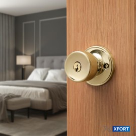 XFORT Entrance Knob Set Polished Brass, Tulip Design Door Lock for Interior Doors with Key and Snib Locking Mechanism, Ideal for Home, Office or Work Place