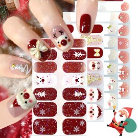 4 Sheets Christmas Gel Nail Stickers Snowflakes Gel Nail Polish Strips Cute Winter Stickers Xmas Elk Glitter Self-Adhesive Design Reindeer Full Wrap Nail Wraps Decals for Acrylic Manicure DIY