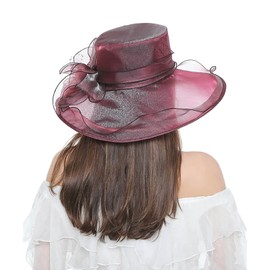 Fascinator Derby Hat for Women Ladies, Organza Veil Fascinator for Tea Party Church UV Protection Sun Hat Red