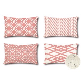 Artscope Set of 4 Waterproof Cushion Covers 30x50cm Farmhouse Geometric Square Pillow Cases for Couch Patio Furniture Balcony Garden Outdoor Decoration（Geometry40-Pink）
