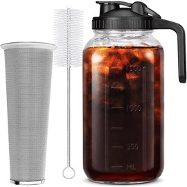 HomeCheer 64 oz (2 Quart), Black Cold Brew Coffee Maker, Iced Tea Machines, Thick Glass with Pour Spout Handle Lid, Stainless Steel Filter for Iced Coffee, Fruit Drinks or Sun Tea (1)