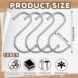 KYLOS S Hooks, S Hooks, Stainless Steel 304, Hooks for Hanging, Pack of 15 (9 cm L, 3 mm Φ) S-Hooks Anti-Rust Metal Hooks for Kitchen Baskets Max Load 20 kg