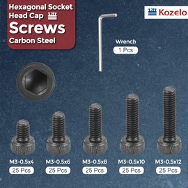 Kozelo 125pcs M3 Socket Head Cap Bolt Nut Assortment Kit [M3x4/6/8/10/12mm] Alloy Steel Full Thread Black Oxide 12.9 Internal Hex Screw for 3D Printer with Wrench