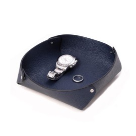 Bey-Berk Alex Genuine Leather Valet Tray, Navy - Lay Flat Design, Decorative Catch-All Organizer for Accessories & Keys