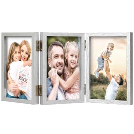 3 Picture Frame 4x6 Silver Triple Hinged MDF Wood with Glass Front Three Opening Photo Frame Stand Vertical on Tabletop
