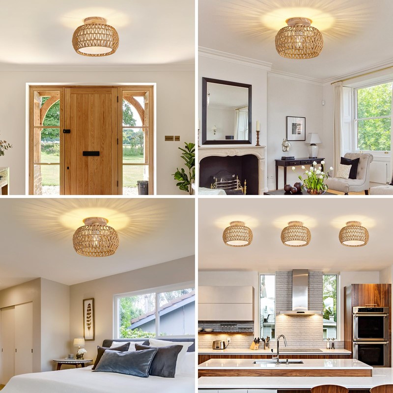 Rattan Ceiling Light Fixture，3 Style Options Boho Flush Mount Ceiling