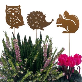 KRONLY Garden Stake Owl, Hedgehog, Squirrel (Pack of 3) / Rust Stake Weatherproof Garden Decoration Outdoor