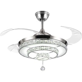 Fandian 42” Crystal Ceiling Fans Light with Retractable Blades LED Chandelier Remote Control 3 Color Changes 3 Speeds Chrome Ceiling Fandelier Fixture, Silent Motor with LED Kits Included