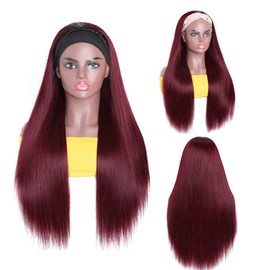 Ombre 1B99J Straight Headband Wig Burgundy Human Hair Headband Wig 130% Density Grade 8A Brazilian Remy Hair Machine Made Wigs Wine Red Color 18 Inch