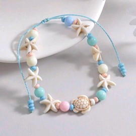 Textiles 4 Home Beaded Ankle Bracelet with Sea Turtle and Starfish Charms, Adjustable Anklet for Women